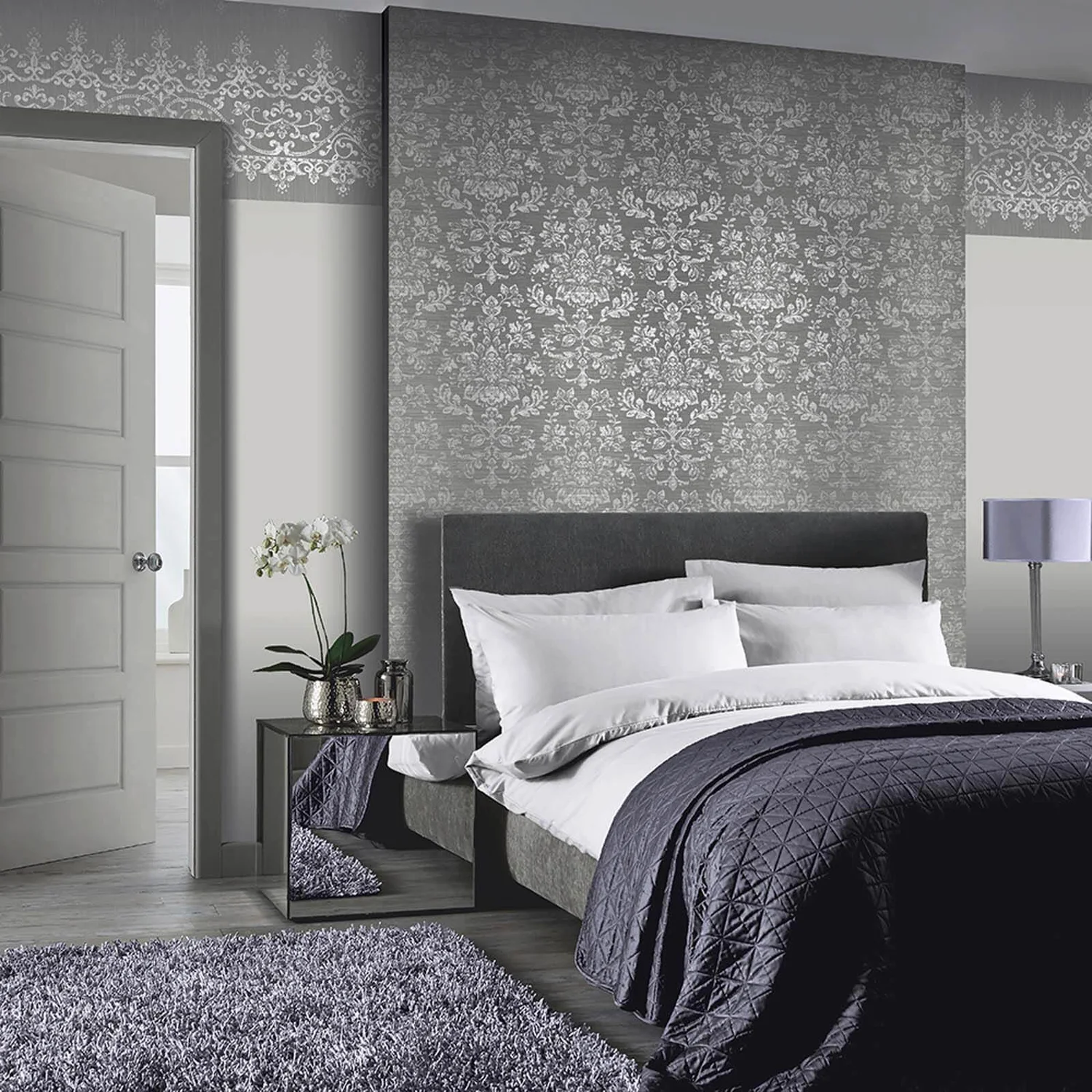 Arthouse Kyasha Damask Embossed Metallic Foil Silver Wallpaper 4 Arthouse Kyasha Damask Embossed Metallic Foil Silver Wallpaper - Image 2