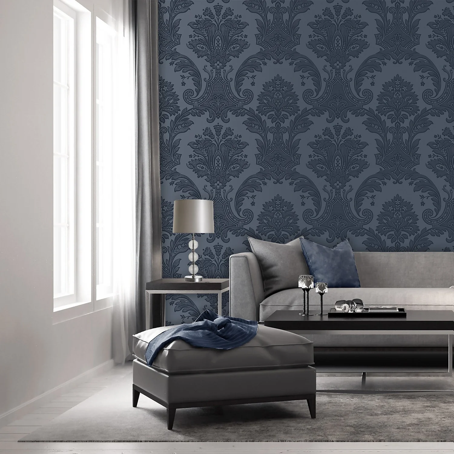 Belgravia Décor Amara Damask Textured Dark Blue Wallpaper 4 Belgravia Décor Amara Damask Textured Dark Blue Wallpaper - Image 2