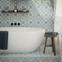 Fiore Teal / White Victorian Pre-scored Porcelain Wall & Floor Tile 450 X 450mm - 1.42sqm Pack -Home Improvement 13220597 7264909608388476